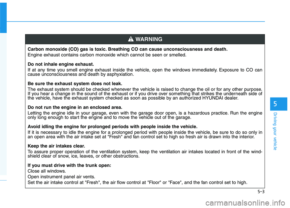 HYUNDAI ELANTRA SPORT 2018  Owners Manual 5-3
Driving your vehicle
5
Carbon monoxide (CO) gas is toxic. Breathing CO can cause unconsciousness and death. 
Engine exhaust contains carbon monoxide which cannot be seen or smelled. 
Do not inhale