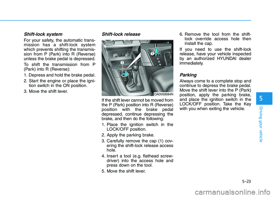 HYUNDAI ELANTRA SPORT 2018  Owners Manual 5-23
Driving your vehicle
5
Shift-lock system 
For your safety, the automatic trans- 
mission has a shift-lock system
which prevents shifting the transmis-
sion from P (Park) into R (Reverse)
unless t