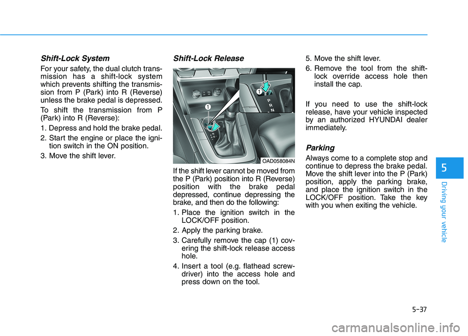 HYUNDAI ELANTRA SPORT 2018  Owners Manual 5-37
Driving your vehicle
5
Shift-Lock System 
For your safety, the dual clutch trans- 
mission has a shift-lock system
which prevents shifting the transmis-
sion from P (Park) into R (Reverse)
unless