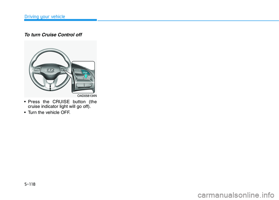 HYUNDAI ELANTRA SPORT 2018  Owners Manual 5-118
Driving your vehicle
To turn Cruise Control off
 Press the CRUISE button (thecruise indicator light will go off).
 Turn the vehicle OFF.
OAD058134N  