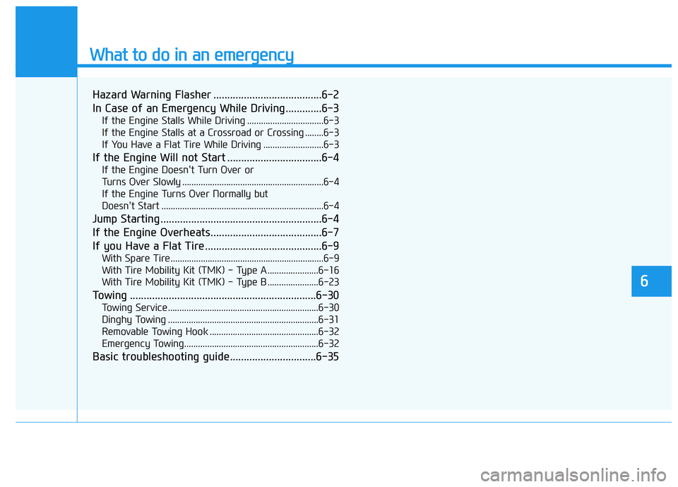 HYUNDAI ELANTRA SPORT 2018  Owners Manual What to do in an emergency
6
Hazard Warning Flasher .......................................6-2 
In Case of an Emergency While Driving.............6-3If the Engine Stalls While Driving ................