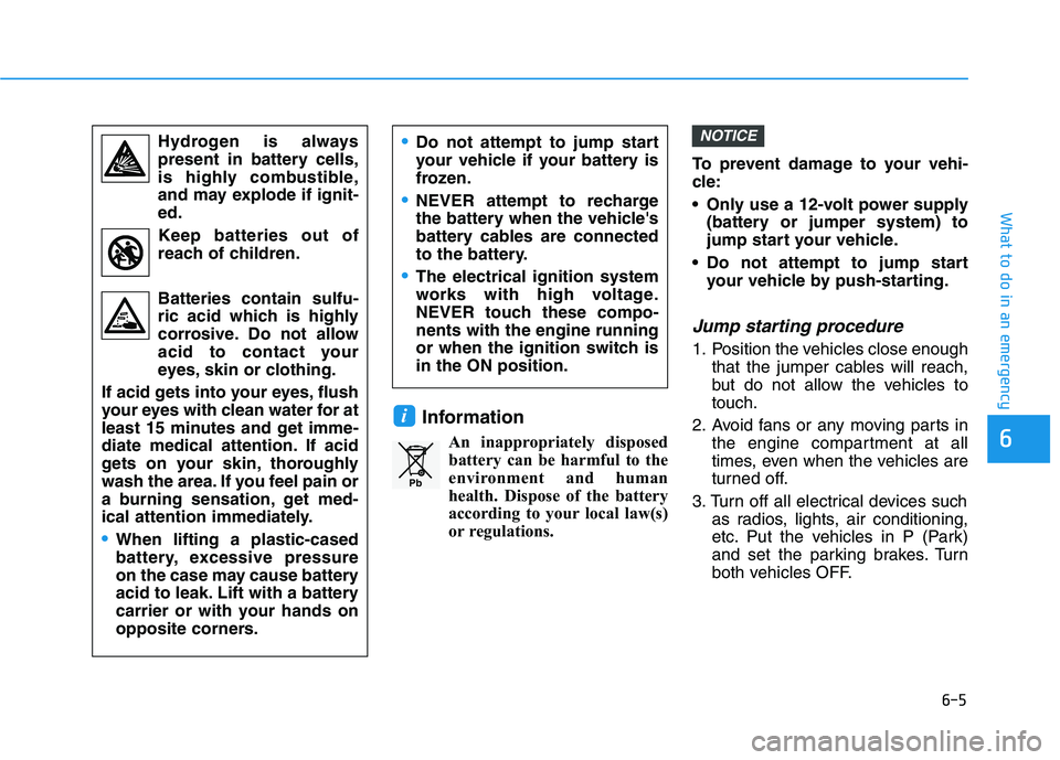 HYUNDAI ELANTRA SPORT 2018  Owners Manual 6-5
What to do in an emergency
6
InformationAn inappropriately disposedbattery can be harmful to the 
environment and human
health. Dispose of the battery
according to your local law(s)
or regulations