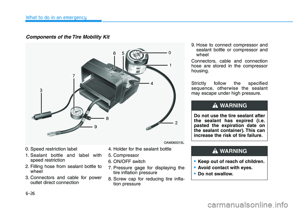 HYUNDAI ELANTRA SPORT 2018  Owners Manual 6-26
0. Speed restriction label 
1. Sealant bottle and label with
speed restriction
2. Filling hose from sealant bottle to wheel
3. Connectors and cable for power outlet direct connection 4. Holder fo