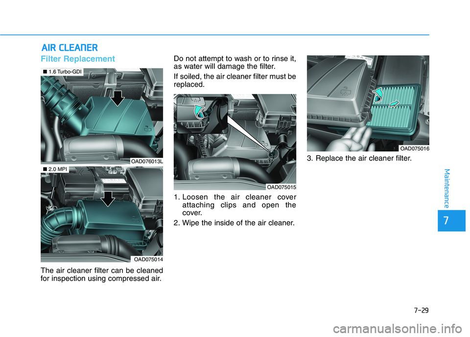 HYUNDAI ELANTRA SPORT 2018  Owners Manual 7-29
7
Maintenance
AAIIRR   CC LLEE AA NN EERR   
Filter Replacement
The air cleaner filter can be cleaned 
for inspection using compressed air. Do not attempt to wash or to rinse it,
as water will da
