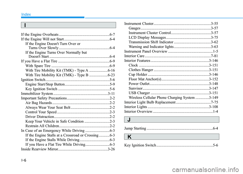 HYUNDAI ELANTRA SPORT 2018  Owners Manual I-6
If the Engine Overheats ....................................................6-7 
If the Engine Will not Start...............................................6-4
If the Engine Doesnt Turn Over or T