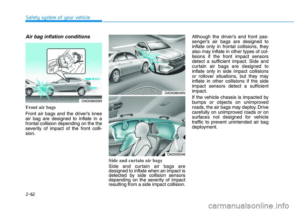 HYUNDAI ELANTRA SPORT 2018  Owners Manual 2-62
Safety system of your vehicle
Air bag inflation conditions 
Front air bags 
Front air bags and the drivers knee air bag are designed to inflate in afrontal collision depending on the the
severit