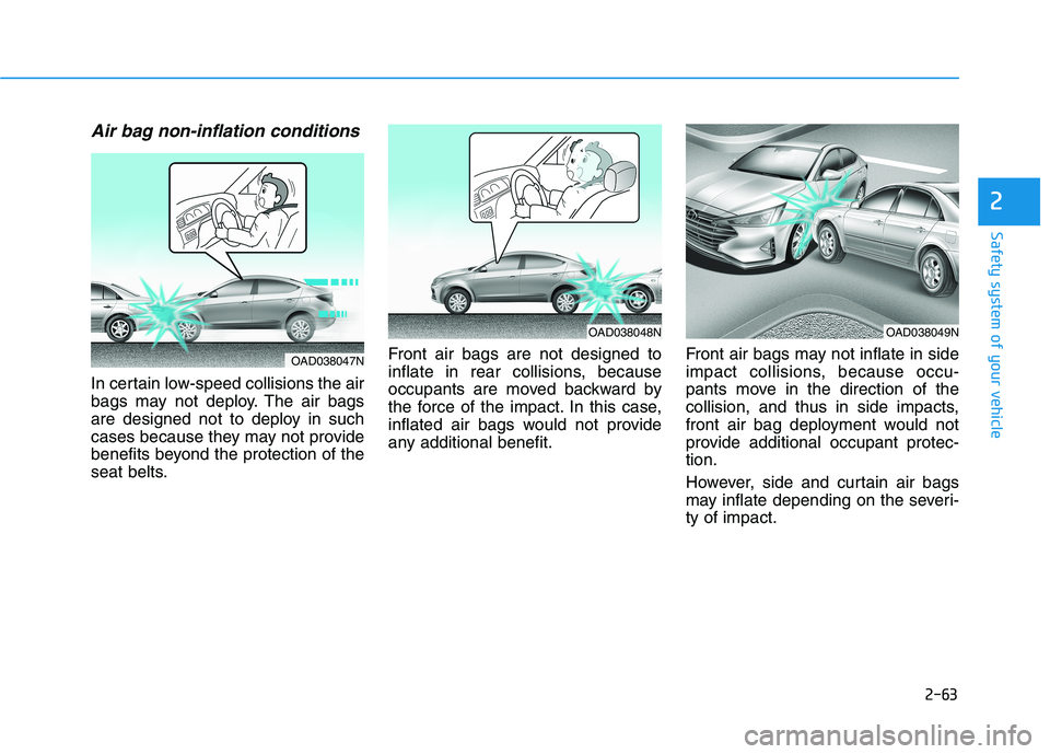 HYUNDAI ELANTRA SPORT 2018  Owners Manual 2-63
Safety system of your vehicle
2
Air bag non-inflation conditions 
In certain low-speed collisions the air 
bags may not deploy. The air bags
are designed not to deploy in such
cases because they 