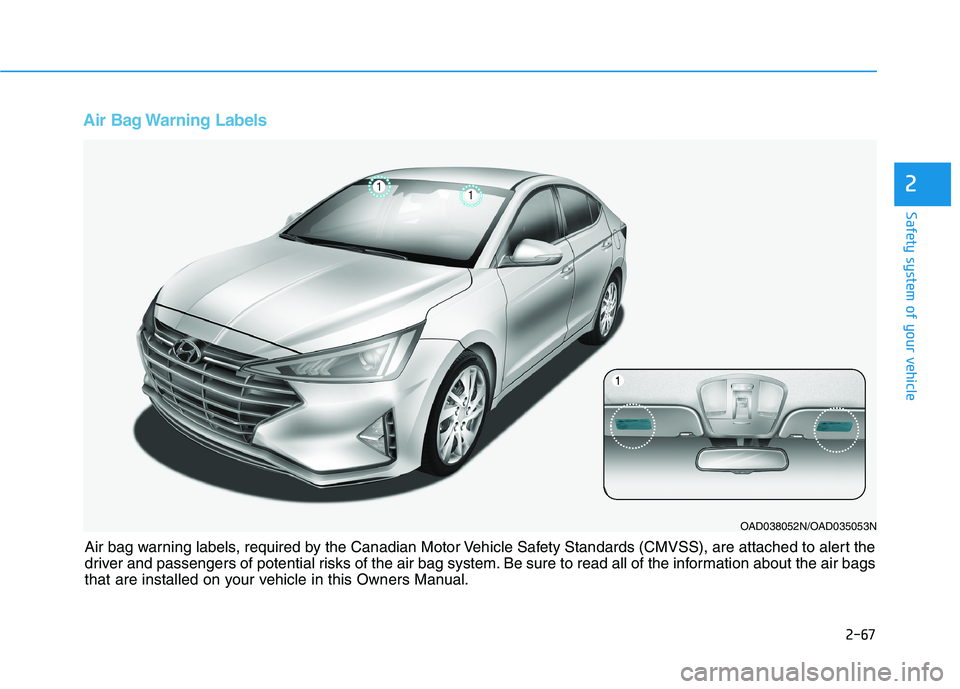 HYUNDAI ELANTRA SPORT 2018  Owners Manual 2-67
Safety system of your vehicle
2
Air Bag Warning Labels 
OAD038052N/OAD035053N
Air bag warning labels, required by the Canadian Motor Vehicle Safety Standards (CMVSS), are attached to alert the 
d