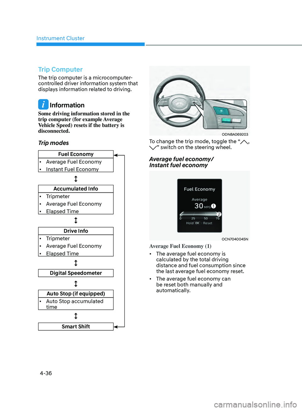 HYUNDAI ELANTRA SEL 2021  Owners Manual Instrument Cluster
4-36
Trip Computer
The trip computer is a microcomputer-
controlled driver information system that 
displays information related to driving.
 Information
Some driving information st