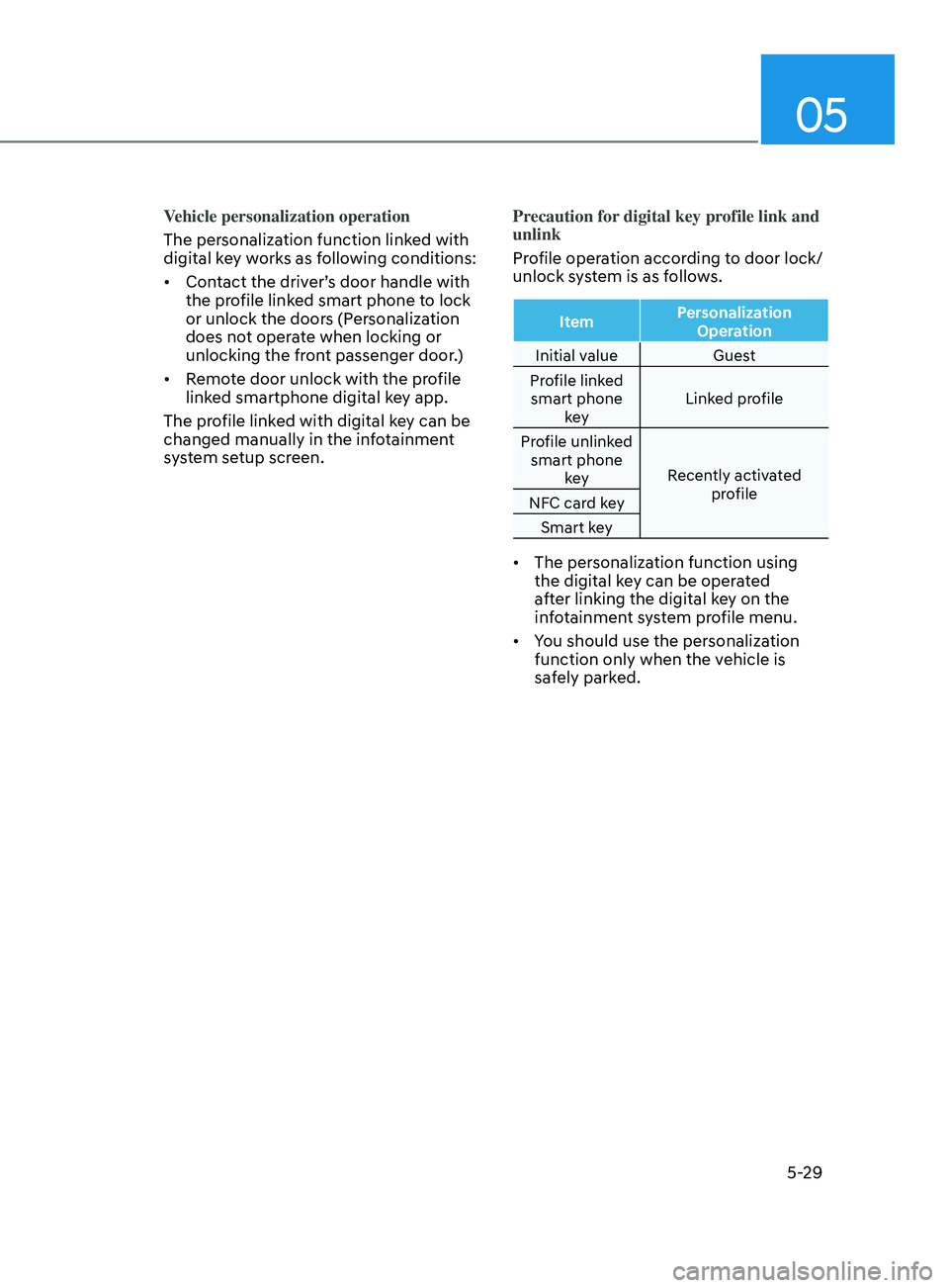 HYUNDAI ELANTRA SEL 2021  Owners Manual 05
5-29
Vehicle personalization operation
The personalization function linked with 
digital key works as following conditions:
•	Contact the driver’s door handle with 
the profile linked smart pho