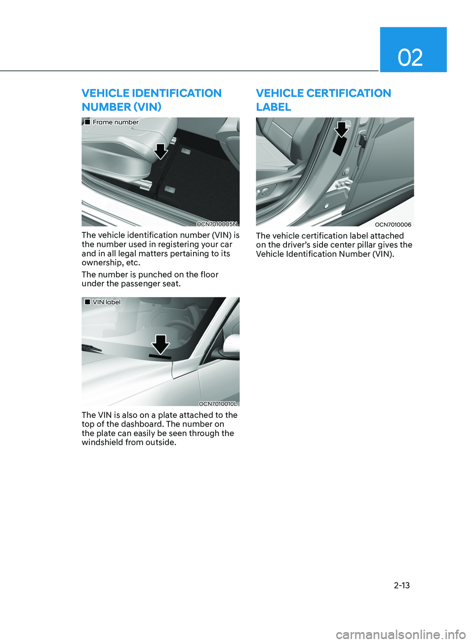 HYUNDAI ELANTRA SEL 2021  Owners Manual 02
2-13
vEhiClE iDEntifiCation 
Number (vi
N)
„„Frame number
OCN7010005N
The vehicle identification number (VIN) is 
the number used in registering your car 
and in all legal matters pertain