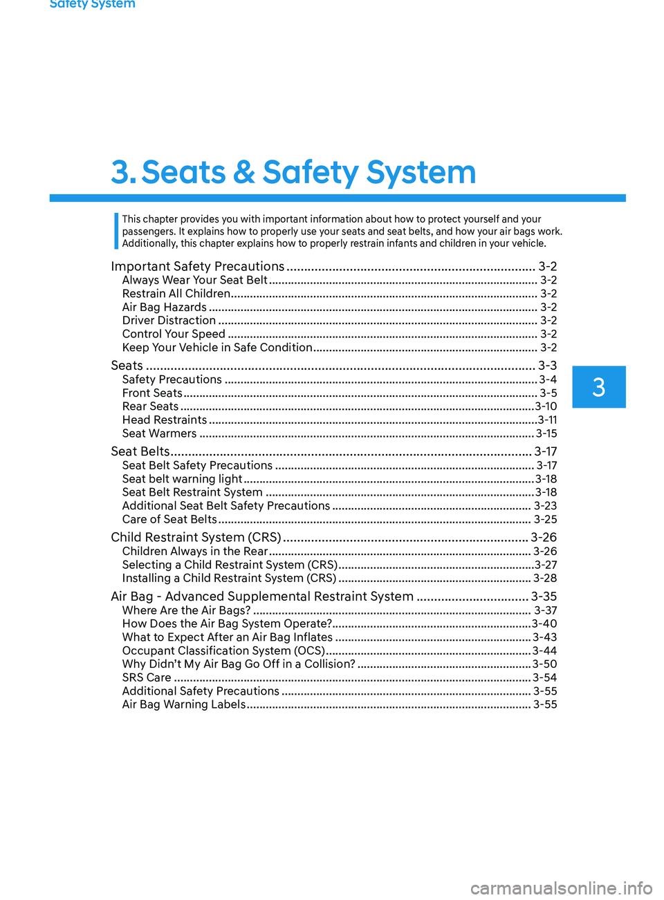 HYUNDAI ELANTRA SEL 2021  Owners Manual Safety System
3. Seats & Safety System
3
Important Safety Precautions ....................................................................... 3-2Always Wear Your Seat Belt ............................