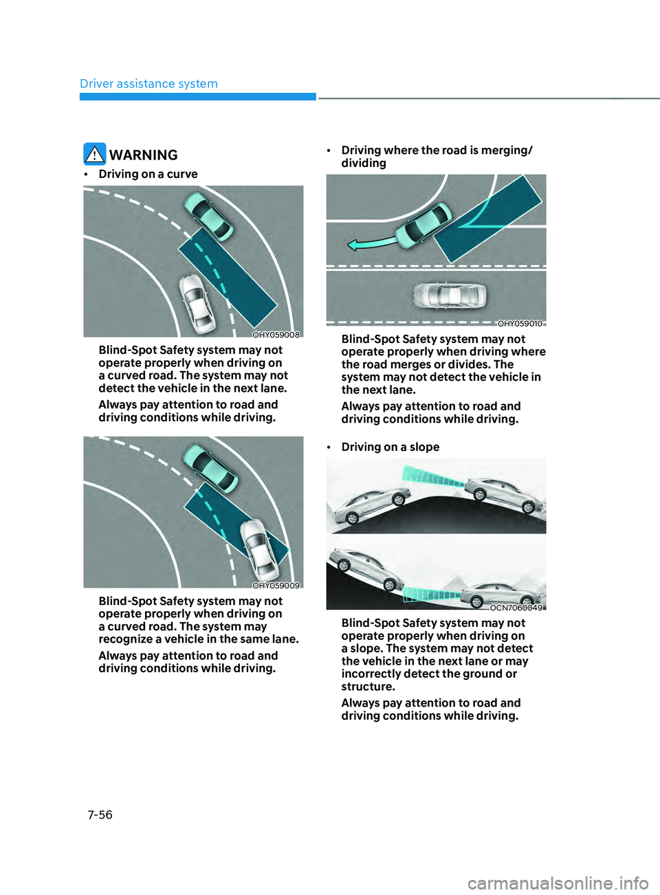 HYUNDAI ELANTRA SEL 2021  Owners Manual Driver assistance system
7-56
 WARNING
•	Driving on a curve
OHY059008
Blind-Spot Safety system may not 
operate properly when driving on 
a curved road. The system may not 
detect the vehicle in the