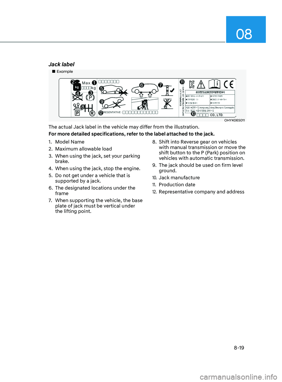 HYUNDAI ELANTRA SEL 2021  Owners Manual 08
8-19
Jack label
„„Example
OHYK065011
The actual Jack label in the vehicle may differ from the illustration.
For more detailed specifications, refer to the label attached to the jack.
1.
 