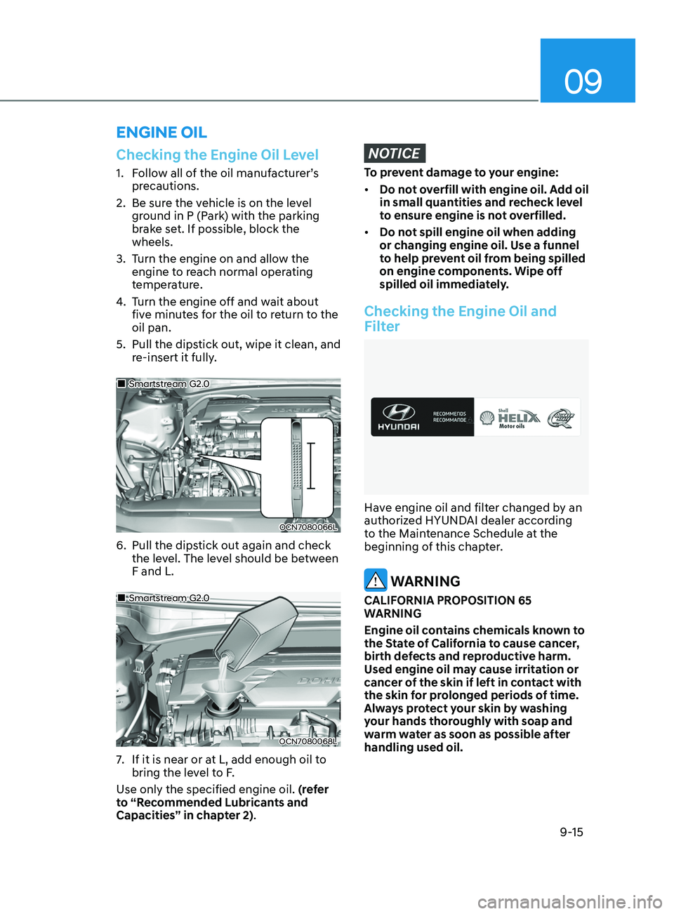 HYUNDAI ELANTRA SEL 2021  Owners Manual 09
9-15
Checking the Engine Oil Level
1. Follow all of the oil manufacturer’s 
precautions.
2.
 Be sure the v

ehicle is on the level 
ground in P (Park) with the parking 
brake set. If possible, bl