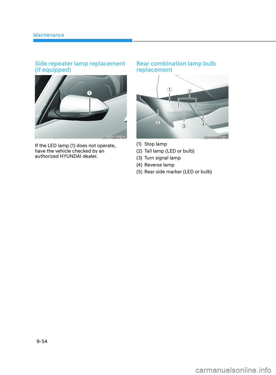 HYUNDAI ELANTRA SEL 2021  Owners Manual Maintenance
9-54
Side repeater lamp replacement 
(if equipped)
OCN7080074L
If the LED lamp (1) does not operate, 
have the vehicle checked by an 
authorized HYUNDAI dealer.
Rear combination lamp bulb 
