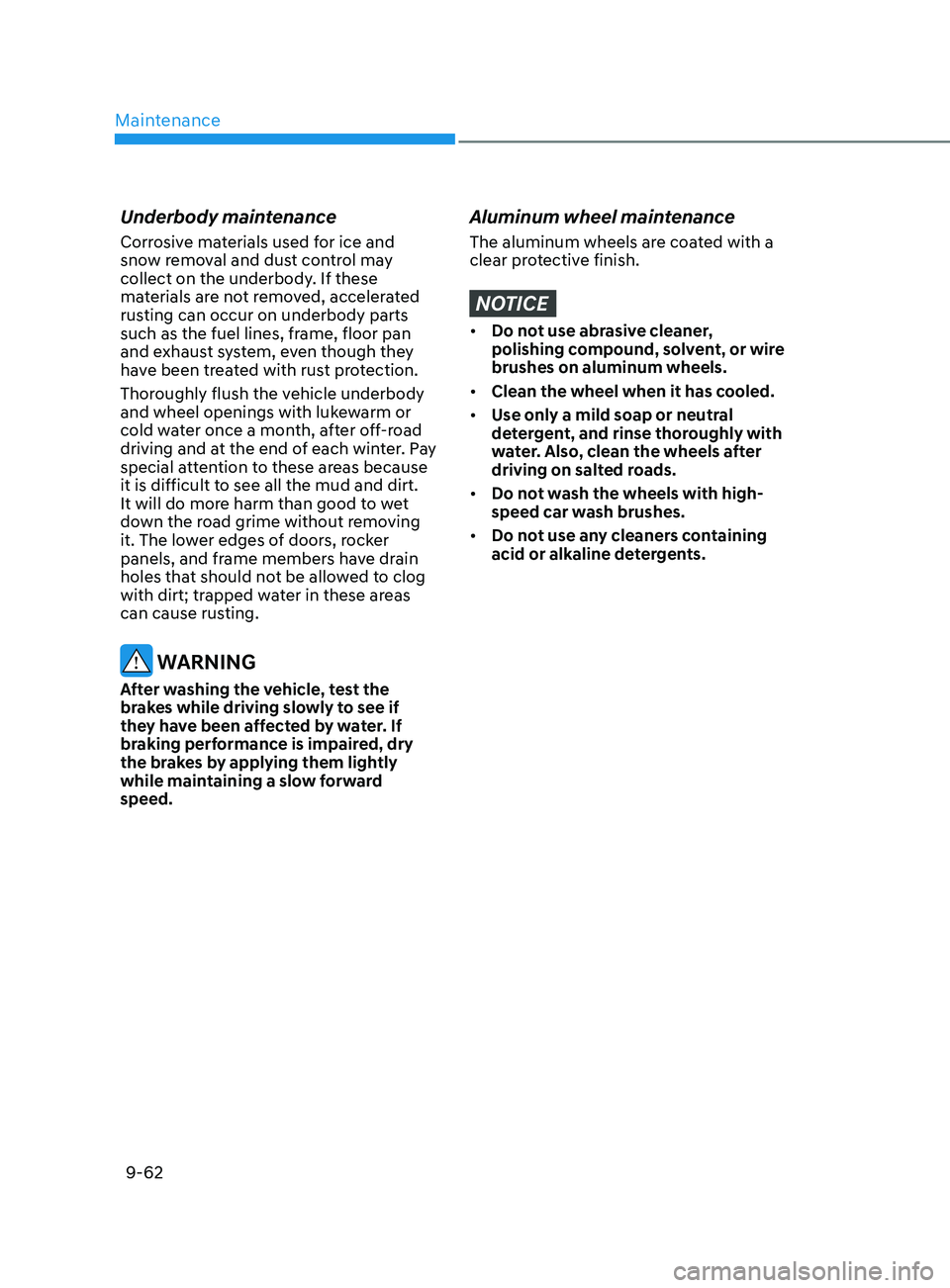 HYUNDAI ELANTRA SEL 2021  Owners Manual Maintenance
9-62
Underbody maintenance
Corrosive materials used for ice and 
snow removal and dust control may 
collect on the underbody. If these 
materials are not removed, accelerated 
rusting can 