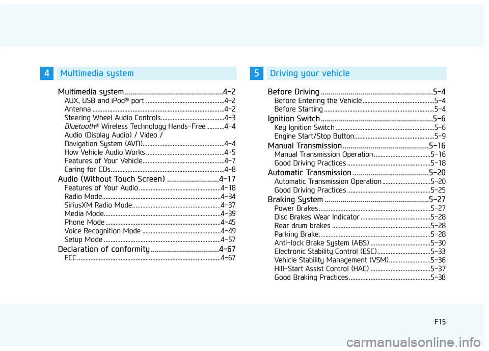 HYUNDAI ELANTRA SE 2017 Owners Manual F15F15
Multimedia system .................................................4-2
AUX, USB and iPod®port ...............................................4-2
Antenna ....................................... HYUNDAI ELANTRA SE 2017 Owners Manual F15F15
Multimedia system .................................................4-2
AUX, USB and iPod®port ...............................................4-2
Antenna .......................................