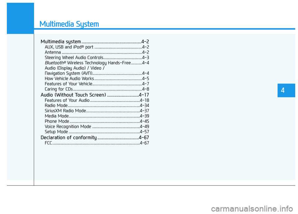 HYUNDAI ELANTRA SE 2017 Owners Manual Multimedia System
Multimedia system .................................................4-2
AUX, USB and iPod®port ...............................................4-2
Antenna ............................ HYUNDAI ELANTRA SE 2017 Owners Manual Multimedia System
Multimedia system .................................................4-2
AUX, USB and iPod®port ...............................................4-2
Antenna ............................