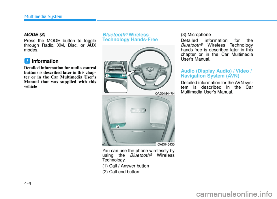 HYUNDAI ELANTRA SE 2017  Owners Manual 4-4
Multimedia System
MODE (3)
Press the MODE button to toggle
through Radio, XM, Disc, or AUX
modes.
Information 
Detailed information for audio control
buttons is described later in this chap-
ter o