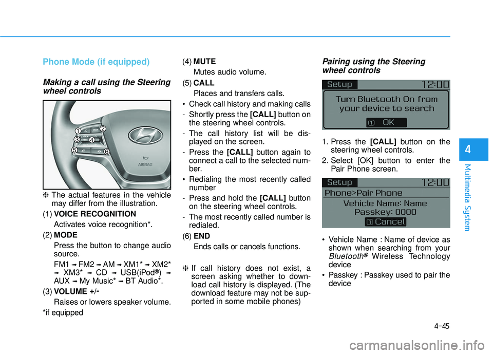 HYUNDAI ELANTRA SE 2017 Owners Manual 4-45
Multimedia System
4
Phone Mode (if equipped)
Making a call using the Steeringwheel controls
❈ The actual features in the vehicle
may differ from the illustration.
(1) VOICE RECOGNITION
Activate HYUNDAI ELANTRA SE 2017 Owners Manual 4-45
Multimedia System
4
Phone Mode (if equipped)
Making a call using the Steeringwheel controls
❈ The actual features in the vehicle
may differ from the illustration.
(1) VOICE RECOGNITION
Activate