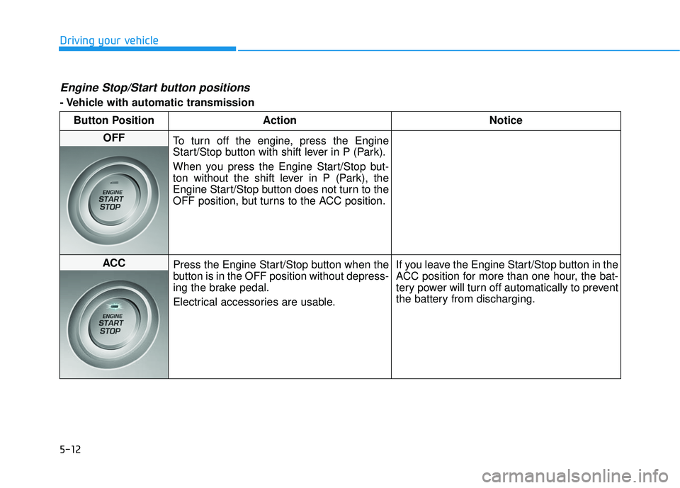 HYUNDAI ELANTRA SE 2017  Owners Manual 5-12
Driving your vehicle
Engine Stop/Start button positions 
- Vehicle with automatic transmissionButton Position Action Notice
OFF
To turn off the engine, press the Engine
Start/Stop button with shi