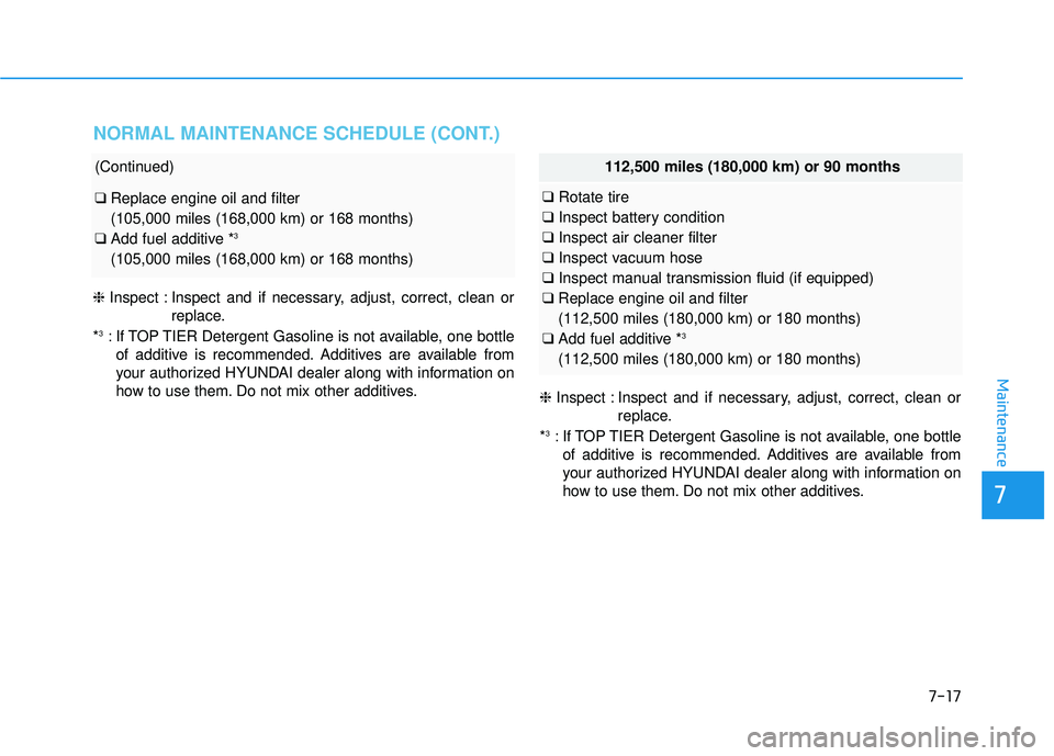HYUNDAI ELANTRA SE 2017 Owners Manual 7-17
7
Maintenance
NORMAL MAINTENANCE SCHEDULE (CONT.)
(Continued)
❑Replace engine oil and filter
(105,000 miles (168,000 km) or 168 months)
❑ Add fuel additive *
3
(105,000 miles (168,000 km) or HYUNDAI ELANTRA SE 2017 Owners Manual 7-17
7
Maintenance
NORMAL MAINTENANCE SCHEDULE (CONT.)
(Continued)
❑Replace engine oil and filter
(105,000 miles (168,000 km) or 168 months)
❑ Add fuel additive *
3
(105,000 miles (168,000 km) or