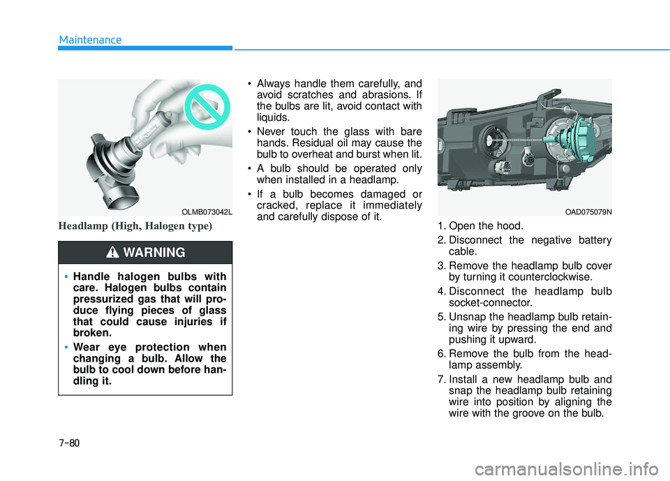 HYUNDAI ELANTRA SE 2017 Owners Manual 7-80
Maintenance
Headlamp (High, Halogen type)
Always handle them carefully, andavoid scratches and abrasions. If
the bulbs are lit, avoid contact with
liquids.
Never touch the glass with bare hands HYUNDAI ELANTRA SE 2017 Owners Manual 7-80
Maintenance
Headlamp (High, Halogen type)
Always handle them carefully, andavoid scratches and abrasions. If
the bulbs are lit, avoid contact with
liquids.
Never touch the glass with bare hands