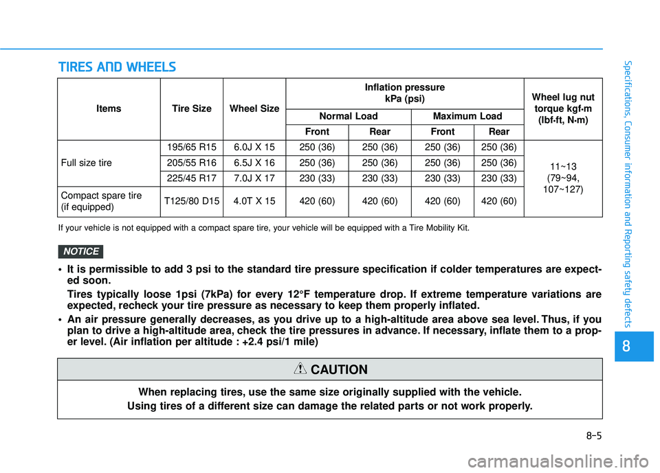 HYUNDAI ELANTRA SE 2017 Owners Manual T
TI
IR
R E
ES
S
A
A N
N D
D
W
W H
HE
EE
EL
LS
S
8-5
88
Specifications, Consumer information and Reporting safety defects
When replacing tires, use the same size originally supplied with the vehic HYUNDAI ELANTRA SE 2017 Owners Manual T
TI
IR
R E
ES
S
A
A N
N D
D
W
W H
HE
EE
EL
LS
S
8-5
88
Specifications, Consumer information and Reporting safety defects
When replacing tires, use the same size originally supplied with the vehic