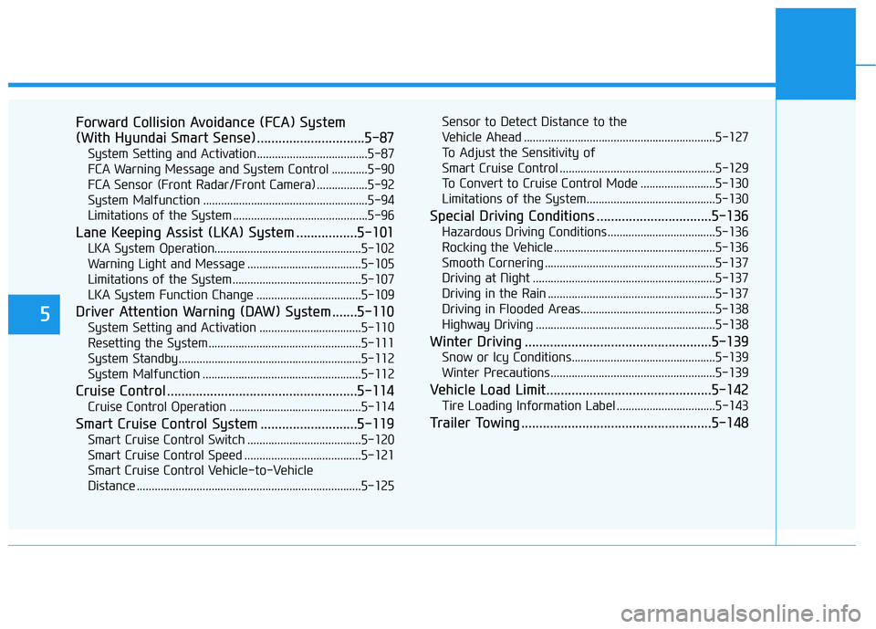 HYUNDAI ELANTRA SPORT 2019  Owners Manual 5
Forward Collision Avoidance (FCA) System  
(With Hyundai Smart Sense)..............................5-87System Setting and Activation.....................................5-87
FCA Warning Message and 