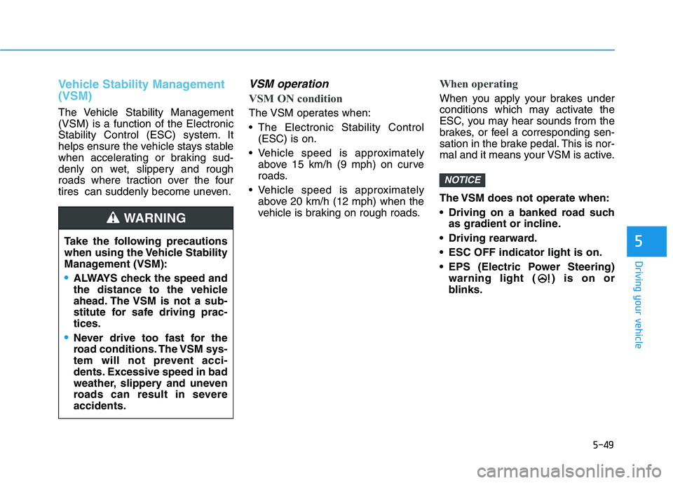 HYUNDAI ELANTRA SPORT 2019  Owners Manual 5-49
Driving your vehicle
5
Vehicle Stability Management (VSM)
The Vehicle Stability Management (VSM) is a function of the Electronic
Stability Control (ESC) system. It
helps ensure the vehicle stays 
