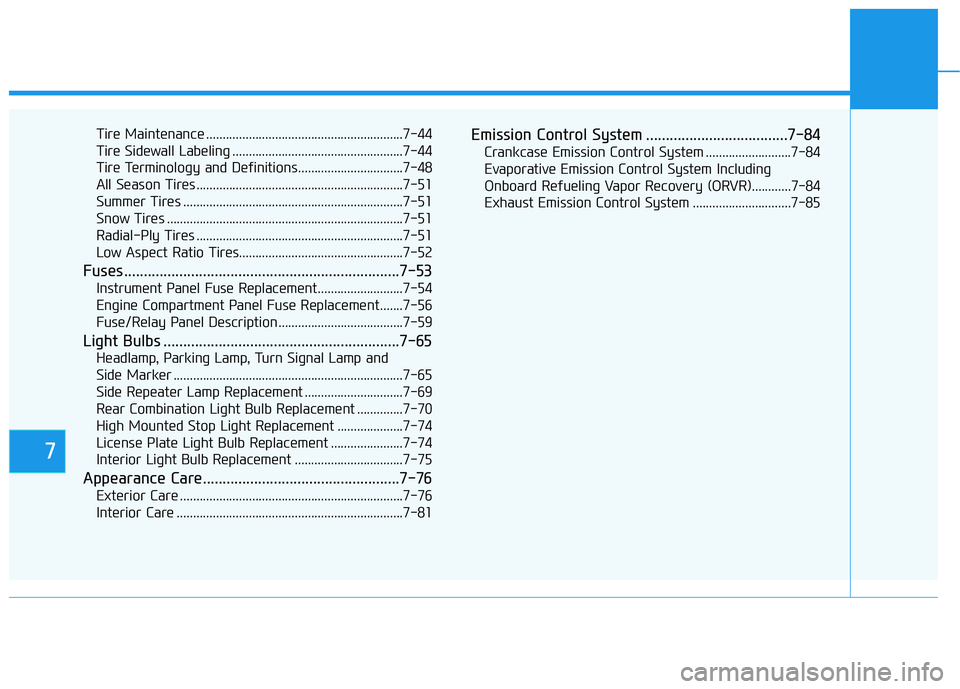 HYUNDAI ELANTRA SPORT 2019  Owners Manual 7
Tire Maintenance ............................................................7-44 
Tire Sidewall Labeling ....................................................7-44
Tire Terminology and Definitions...
