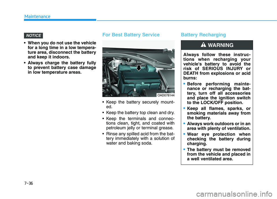 HYUNDAI ELANTRA SPORT 2019  Owners Manual 7-36
Maintenance
 When you do not use the vehiclefor a long time in a low tempera- 
ture area, disconnect the battery
and keep it indoors.
 Always charge the battery fully to prevent battery case dama