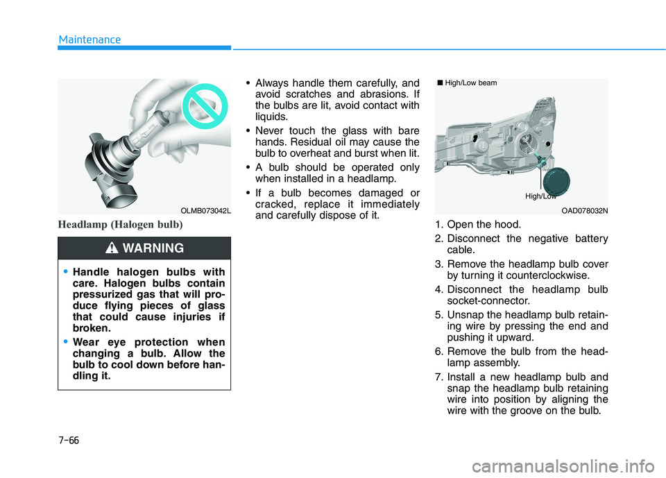 HYUNDAI ELANTRA SPORT 2019  Owners Manual 7-66
Maintenance
Headlamp (Halogen bulb)
 Always handle them carefully, andavoid scratches and abrasions. If 
the bulbs are lit, avoid contact with
liquids.
 Never touch the glass with bare hands. Res