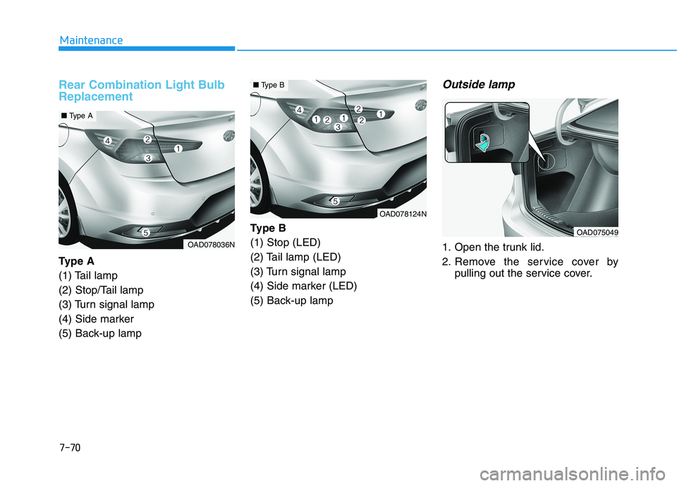 HYUNDAI ELANTRA SPORT 2019  Owners Manual 7-70
Maintenance
Rear Combination Light Bulb Replacement 
Ty p e  A 
(1) Tail lamp
(2) Stop/Tail lamp
(3) Turn signal lamp
(4) Side marker
(5) Back-up lampType B(1) Stop (LED)
(2) Tail lamp (LED)
(3) 