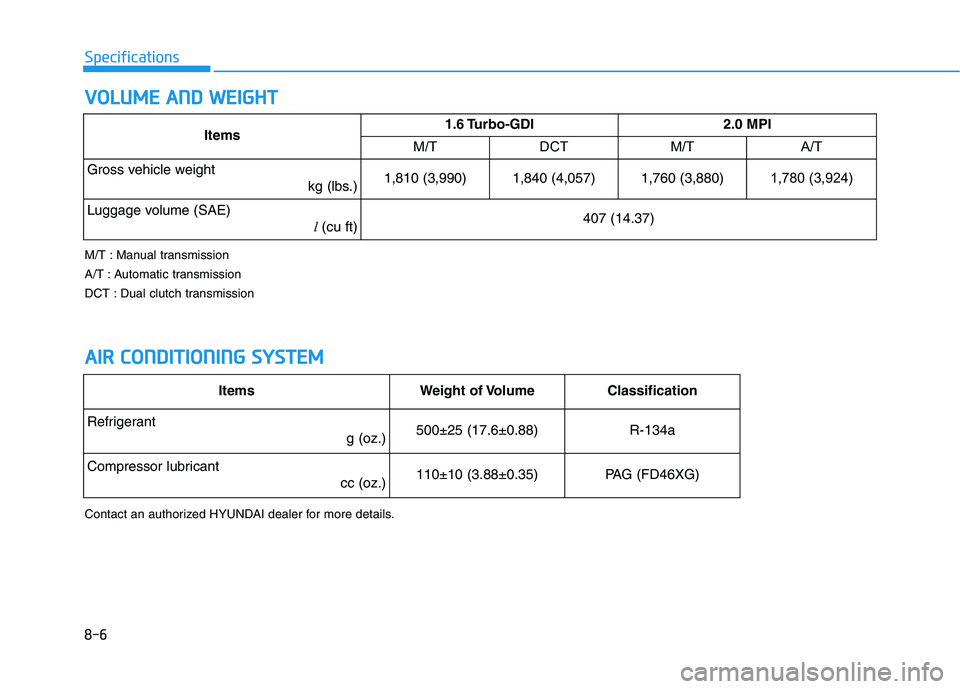 HYUNDAI ELANTRA SPORT 2019  Owners Manual 8-6
SpecificationsV
V OO LLUU MM EE  AA NN DD  WW EEIIGG HH TT
A
A IIRR   CC OO NNDDIITT IIOO NNIINN GG  SS YY SSTT EEMM
Contact an authorized HYUNDAI dealer for more details.
M/T : Manual transmissio