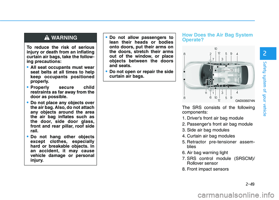 HYUNDAI ELANTRA SPORT 2019 Owners Manual 2-49
Safety system of your vehicle
2
How Does the Air Bag System Operate?
The SRS consists of the following components:
1. Drivers front air bag module
2. Passengers front air bag module
3. Side a HYUNDAI ELANTRA SPORT 2019 Owners Manual 2-49
Safety system of your vehicle
2
How Does the Air Bag System Operate?
The SRS consists of the following components:
1. Drivers front air bag module
2. Passengers front air bag module
3. Side a