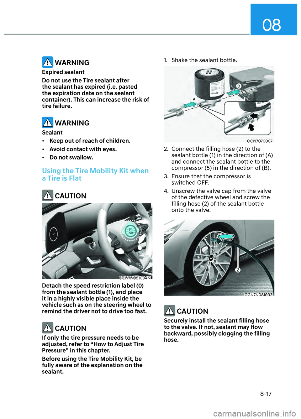 HYUNDAI ELANTRA N 2022 Owners Manual 08
8-17
WARNING
Expired sealant
Do not use the Tire sealant after
the sealant has expired (i.e. pasted
the expiration date on the sealant
container). This can increase the risk of
tire failure.
HYUNDAI ELANTRA N 2022 Owners Manual 08
8-17
WARNING
Expired sealant
Do not use the Tire sealant after
the sealant has expired (i.e. pasted
the expiration date on the sealant
container). This can increase the risk of
tire failure.