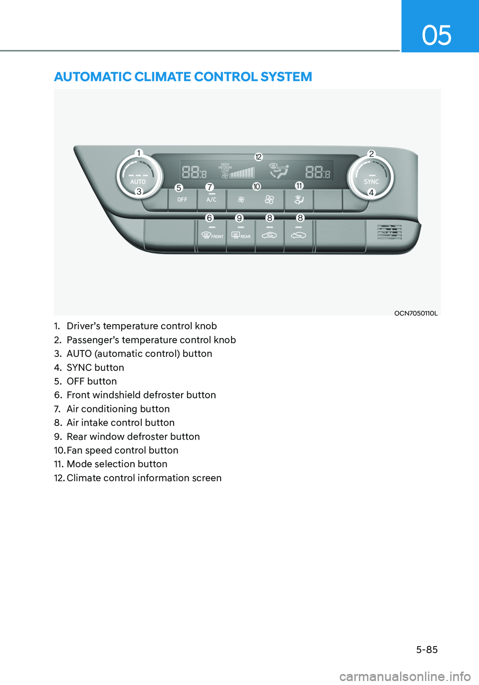 HYUNDAI ELANTRA HYBRID 2021  Owners Manual 05
5-85
AUTOMATIC CLIMATE CONTROL SYSTEM
OCN7050110L
1. Driver’s temperature control knob 
2. Passenger’s temperature control knob 
3. AUTO (automatic control) button 
4. SYNC button 
5. OFF butto