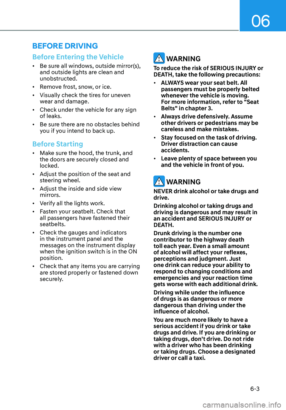 HYUNDAI ELANTRA HYBRID 2021  Owners Manual 06
6-3
Before Entering the Vehicle
•	Be sure all windows, outside mirror(s), 
and outside lights are clean and 
unobstructed.
•	 Remove frost, snow, or ice.
•	 Visually check the tires for uneve