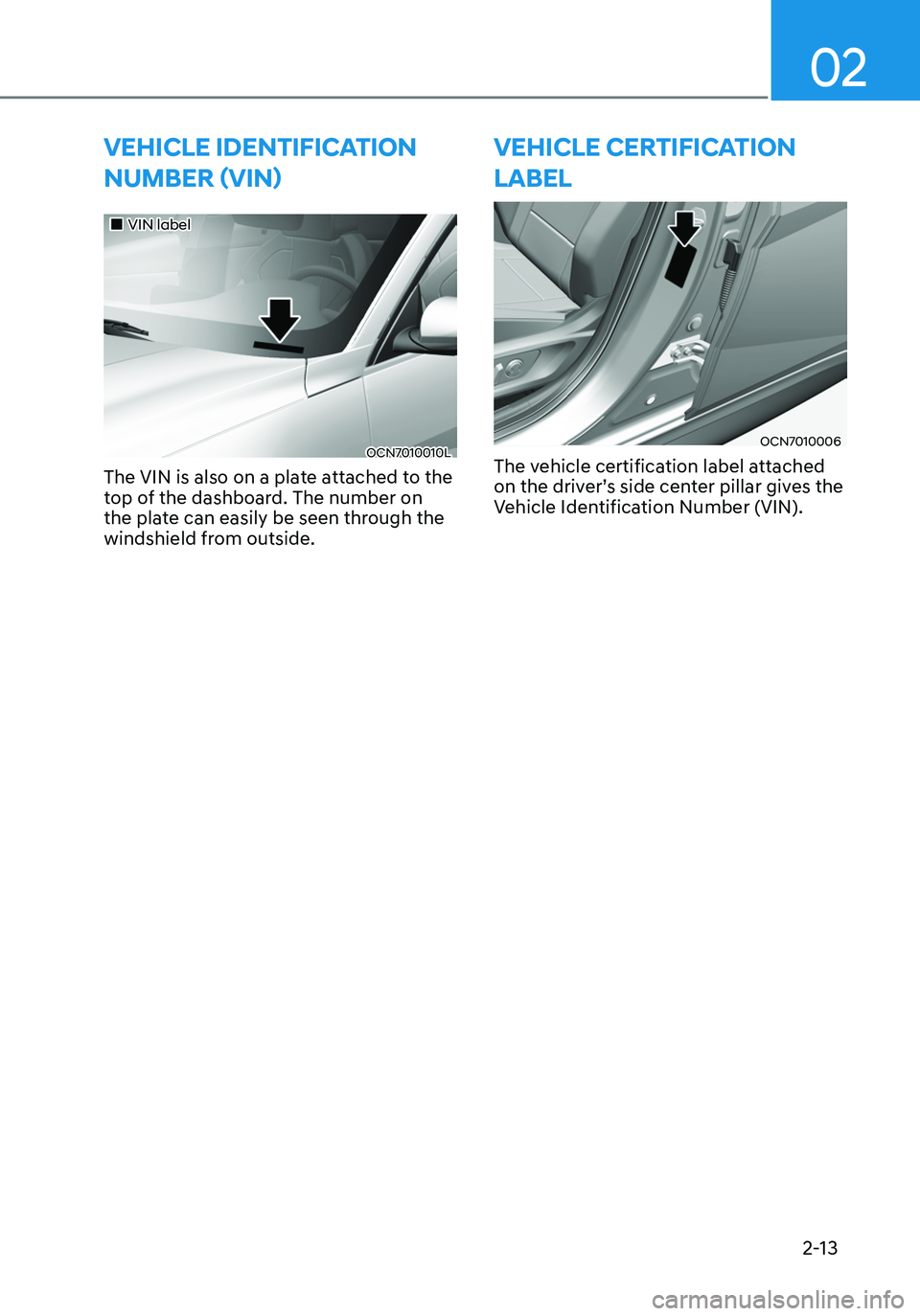 HYUNDAI ELANTRA HYBRID 2021  Owners Manual 02
2-13
VEHICLE IDENTIFICATION 
NUMBER (VIN)
„„VIN label
OCN7010010L
The VIN is also on a plate attached to the 
top of the dashboard. The number on 
the plate can easily be seen through the