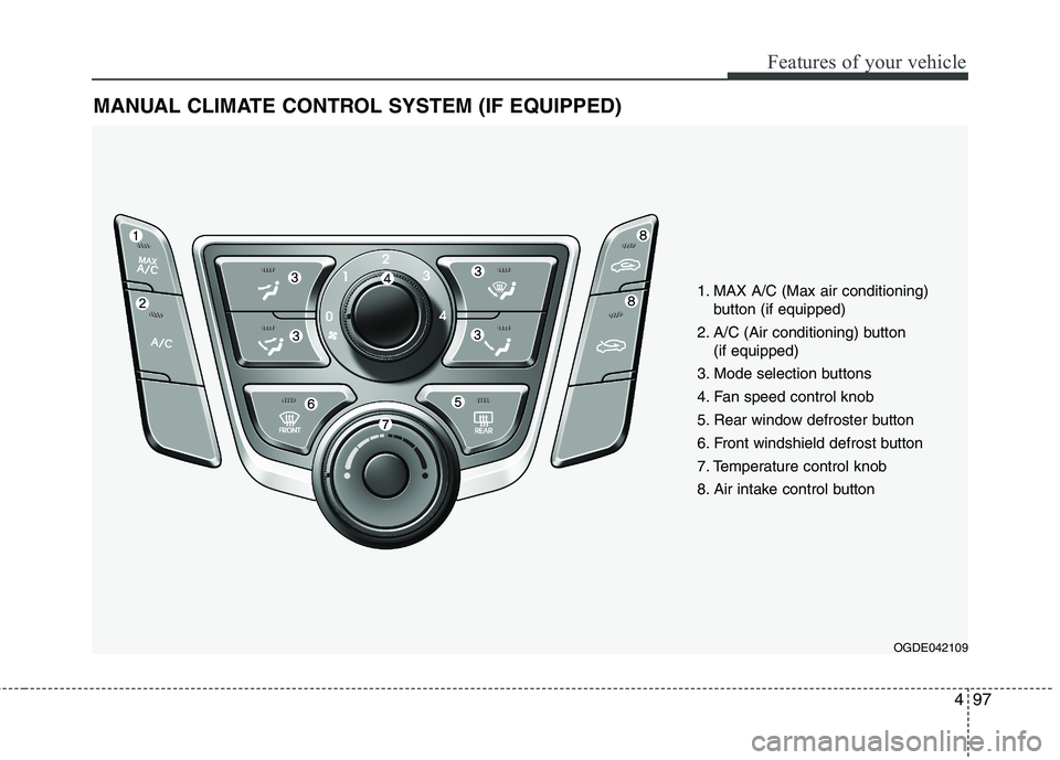 HYUNDAI ELANTRA GT 2014  Owners Manual 497
Features of your vehicle
MANUAL CLIMATE CONTROL SYSTEM (IF EQUIPPED)
OGDE042109
1. MAX A/C (Max air conditioning) 
button (if equipped)
2. A/C (Air conditioning) button 
(if equipped)
3. Mode sele