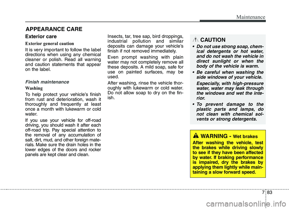 HYUNDAI ELANTRA GT 2014  Owners Manual 783
Maintenance
APPEARANCE CARE
Exterior care
Exterior general caution 
It is very important to follow the label
directions when using any chemical
cleaner or polish. Read all warning
and caution stat