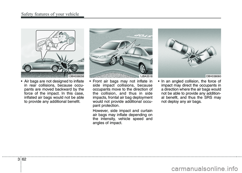 HYUNDAI ELANTRA GT 2014  Owners Manual Safety features of your vehicle
62 3
 Air bags are not designed to inflate
in rear collisions, because occu-
pants are moved backward by the
force of the impact. In this case,
inflated air bags would 