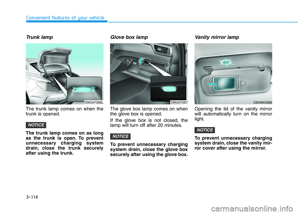 HYUNDAI GENESIS G70 2020  Owners Manual 3-114
Convenient features of your vehicle
Trunk lamp 
The trunk lamp comes on when the
trunk is opened.
The trunk lamp comes on as long
as the trunk is open. To prevent
unnecessary charging system
dra