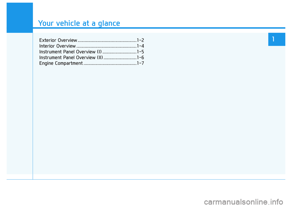 HYUNDAI GENESIS G70 2018  Owners Manual Your vehicle at a glance
1
Your vehicle at a glance
Exterior Overview ..................................................1-2
Interior Overview ...................................................1-4
Ins