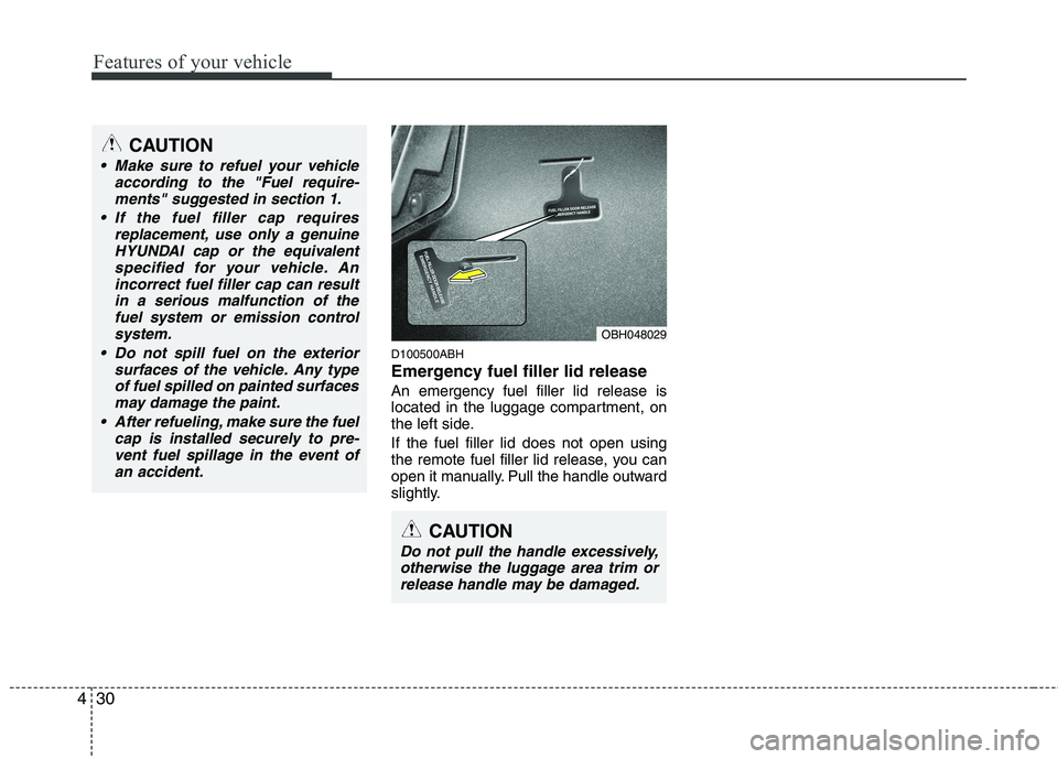 HYUNDAI GENESIS G80 2013  Owners Manual Features of your vehicle
30 4
D100500ABH
Emergency fuel filler lid release
An emergency fuel filler lid release is
located in the luggage compartment, on
the left side.
If the fuel filler lid does not
