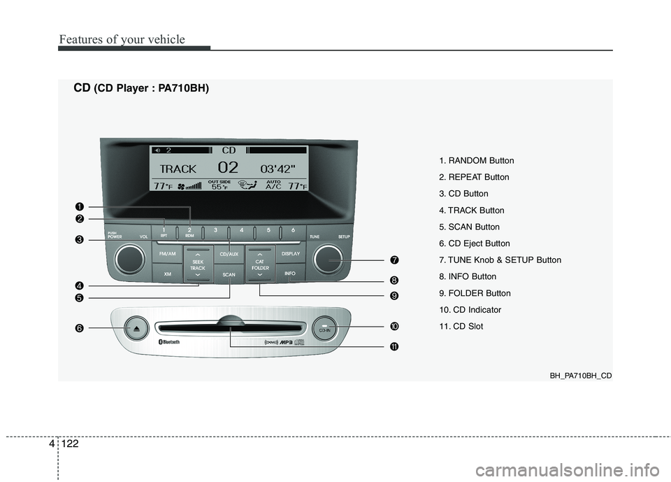 HYUNDAI GENESIS G80 2013  Owners Manual Features of your vehicle
122 4
1. RANDOM Button
2. REPEAT Button
3. CD Button
4. TRACK Button
5. SCAN Button
6. CD Eject Button
7. TUNE Knob & SETUP Button
8. INFO Button
9. FOLDER Button
10. CD Indic
