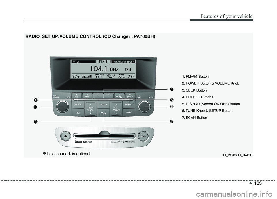 HYUNDAI GENESIS G80 2013  Owners Manual 4133
Features of your vehicle
BH_PA760BH_RADIO
1. FM/AM Button
2. POWER Button & VOLUME Knob
3. SEEK Button
4. PRESET Buttons
5. DISPLAY(Screen ON/OFF) Button
6. TUNE Knob & SETUP Button
7. SCAN Butto