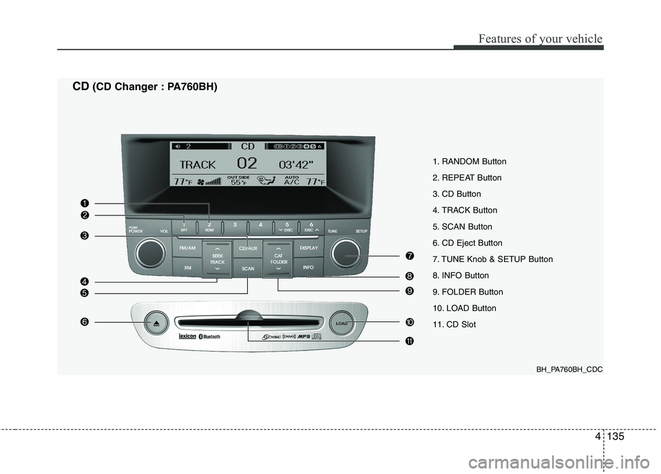 HYUNDAI GENESIS G80 2013  Owners Manual 4135
Features of your vehicle
1. RANDOM Button
2. REPEAT Button
3. CD Button
4. TRACK Button
5. SCAN Button
6. CD Eject Button
7. TUNE Knob & SETUP Button
8. INFO Button
9. FOLDER Button
10. LOAD Butt